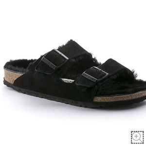 Birkenstock black fuzzy slides